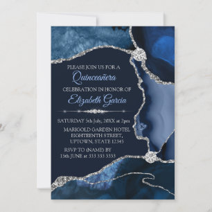 Navy Blue und Silver Glitzer Agate Quinceanera Einladung