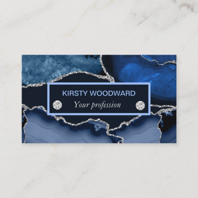 Navy Blue und Silver Glitzer Agate Visitenkarte (Vorderseite)