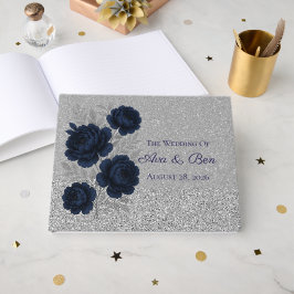 Navy Blue und Silver Glitzer Blätter Hochzeiten Gästebuch