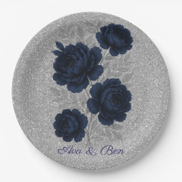 Navy Blue und Silver Glitzer Blätter Hochzeiten Pappteller