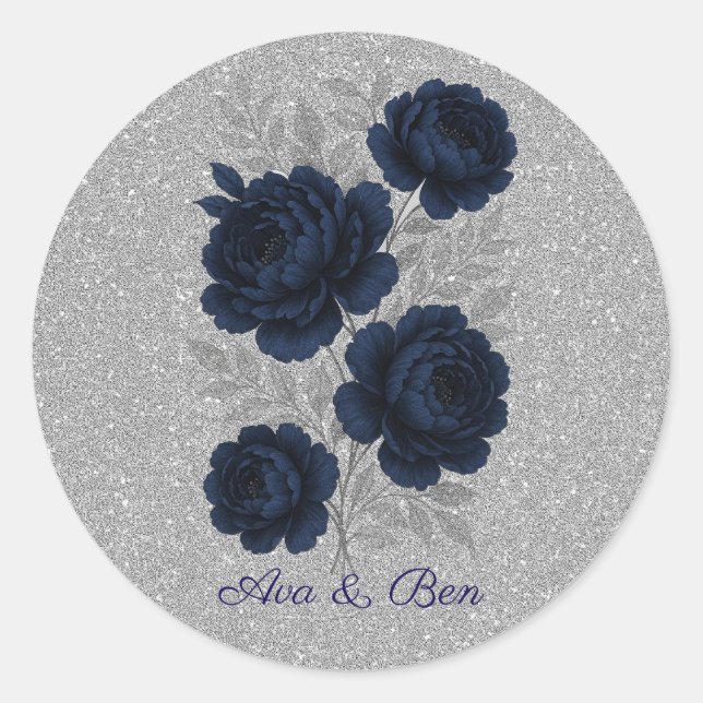Navy Blue und Silver Glitzer Blätter Hochzeiten Runder Aufkleber (Vorderseite)