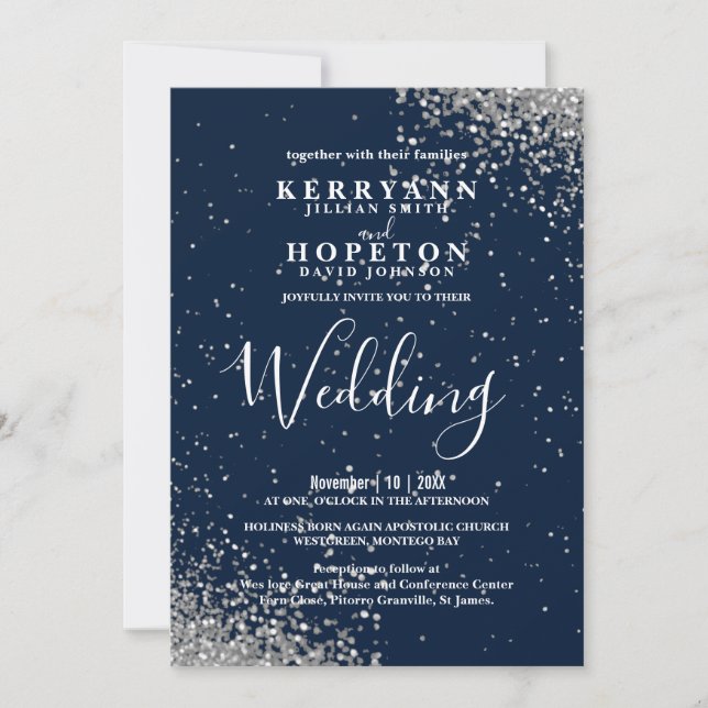 Navy Blue und Silver Glitzer Einladung (Vorderseite)