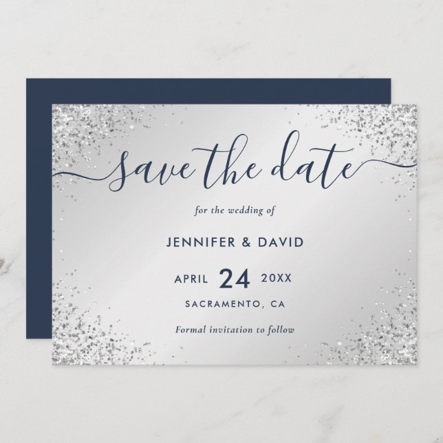 Navy Blue und Silver Glitzer Script Wedding Save The Date (Vorne/Hinten)