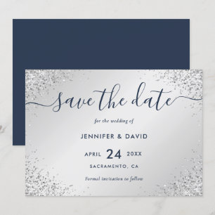 Navy Blue und Silver Glitzer Script Wedding Save The Date