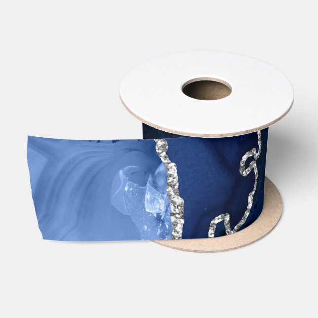 Navy Blue und Silver Imitats Glitzer Agate Satinband (Spule)
