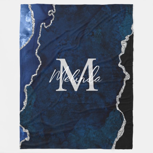 Navy Blue und Silver Marble Agate Fleecedecke (Vorderseite)