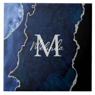 Navy Blue und Silver Marble Agate Fliese