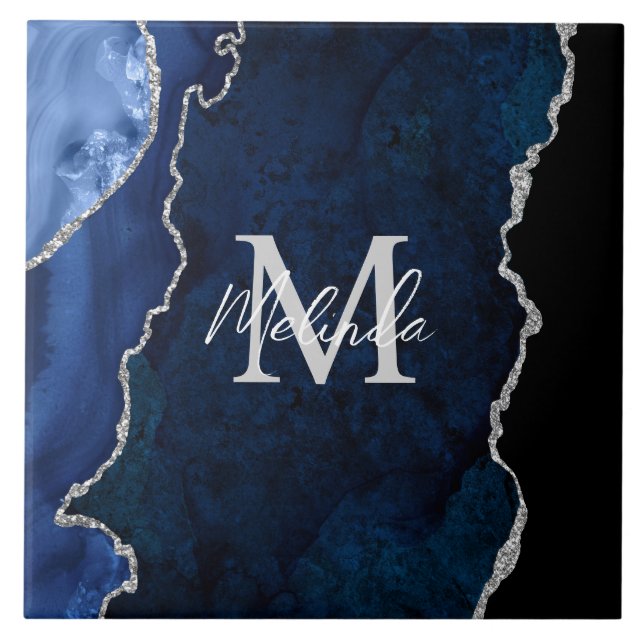 Navy Blue und Silver Marble Agate Fliese (Vorderseite)