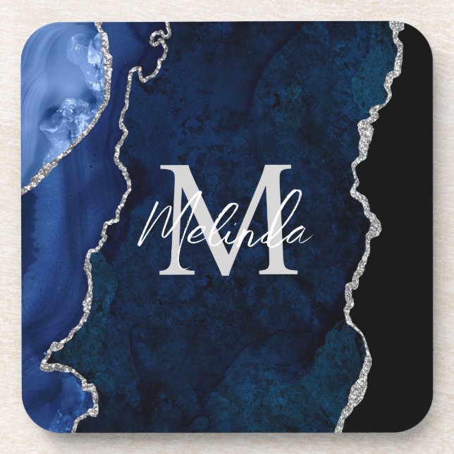 Navy Blue und Silver Marble Agate Getränkeuntersetzer (Vorderseite)