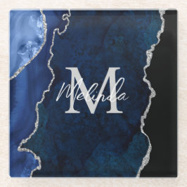 Navy Blue und Silver Marble Agate Glasuntersetzer