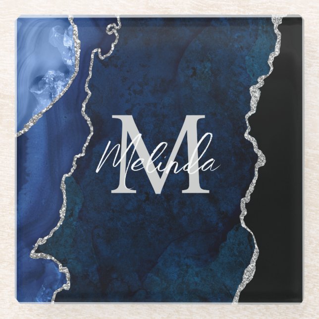 Navy Blue und Silver Marble Agate Glasuntersetzer (Vorderseite)