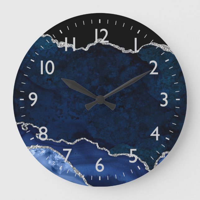Navy Blue und Silver Marble Agate Große Wanduhr (Vorderseite)