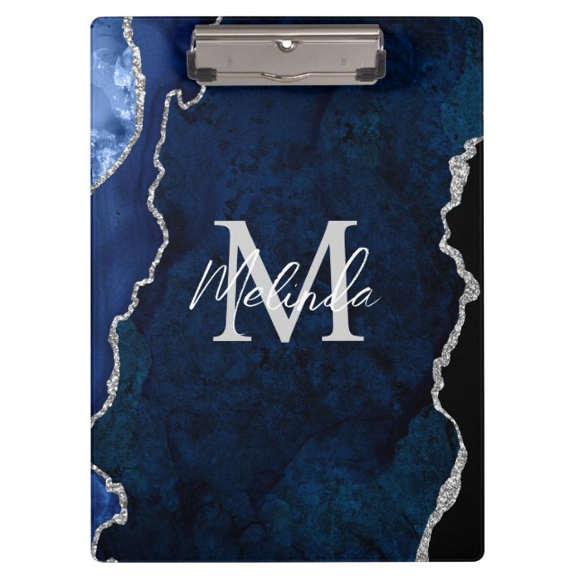 Navy Blue und Silver Marble Agate Klemmbrett (Vorderseite)