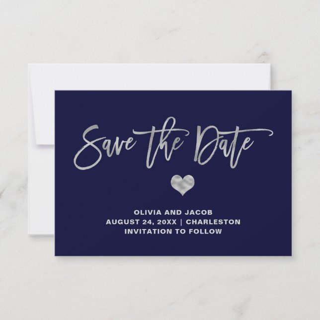 Navy Blue und Silver mit Herz Save The Date (Vorderseite)