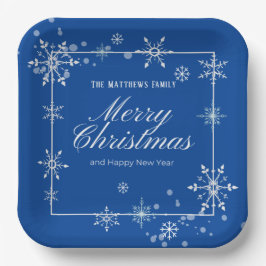Navy Blue und Silver Snowflake Script Pappteller