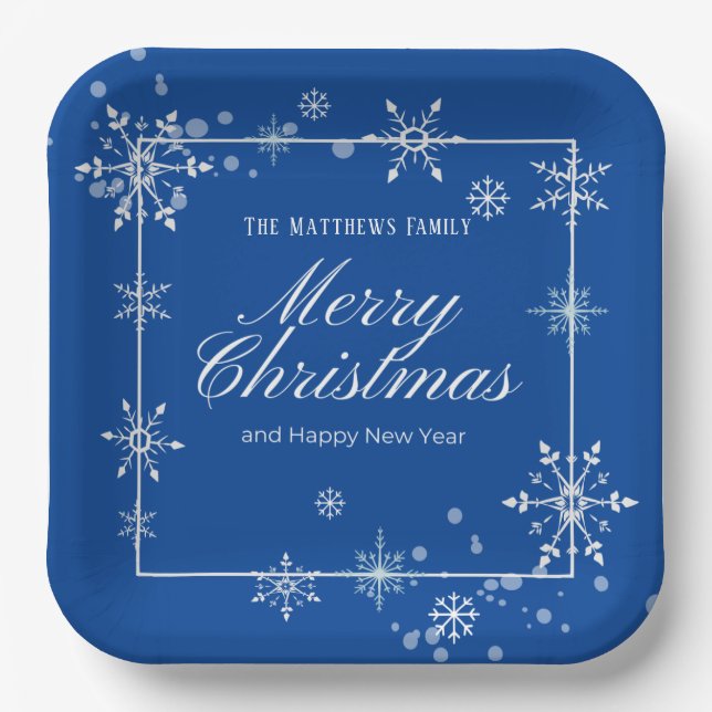 Navy Blue und Silver Snowflake Script Pappteller (Vorderseite)
