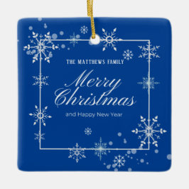 Navy Blue und Silver Snowflake Script Weihnachten Keramikornament