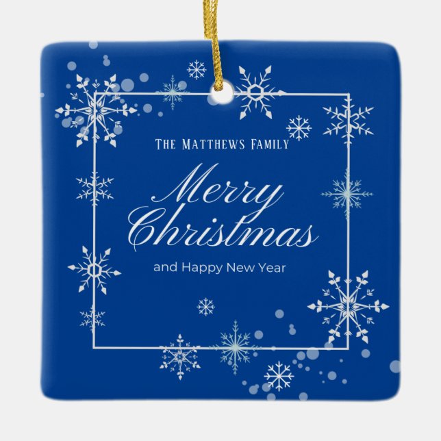Navy Blue und Silver Snowflake Script Weihnachten Keramikornament (Vorderseite)