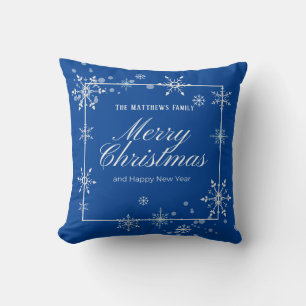 Navy Blue und Silver Snowflake Script Weihnachten Kissen