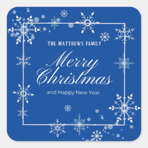 Navy Blue und Silver Snowflake Script Weihnachten Quadratischer Aufkleber
