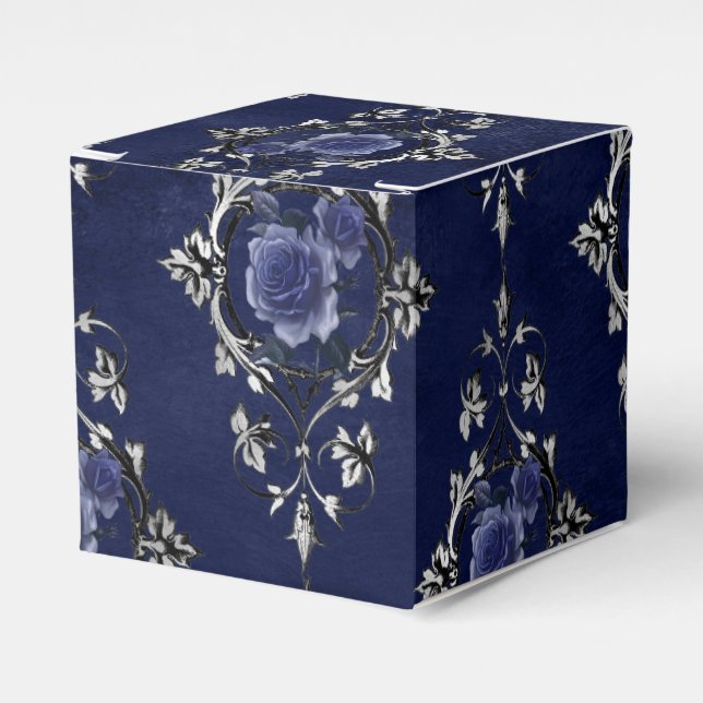 Navy Blue und Silver Viktorianisch Floral Damask Geschenkschachtel (Vorderseite)