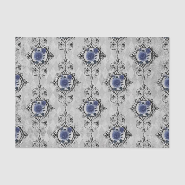Navy Blue und Silver Viktorianisch Floral Damask Seidenpapier (Vorderseite)