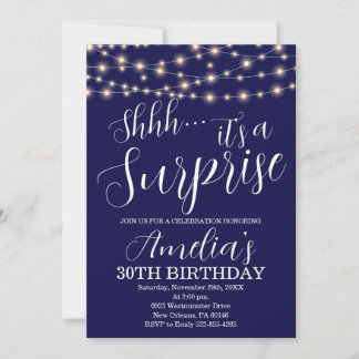 Navy Blue und String Light Überraschung Geburtstag Einladung