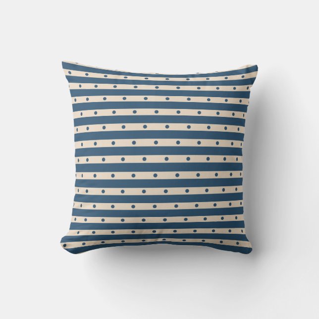 Navy Blue und Tan Striped Polka Dot Neutral Decke Kissen (Vorderseite)