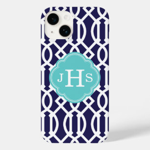 Navy Blue und Türkis Modern Trellis Monogram Case-Mate iPhone Hülle