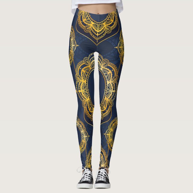 Navy Blue und Violet mit Gold-Mandalasen Leggings (Vorderseite)