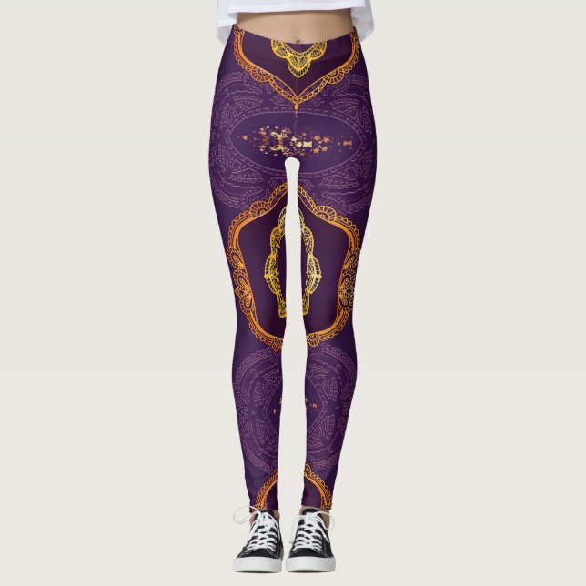 Navy Blue und Violet mit Gold-Mandalasen Leggings (Vorderseite)