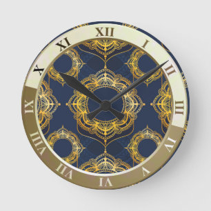Navy Blue und Violet mit Gold-Mandalasen Runde Wanduhr