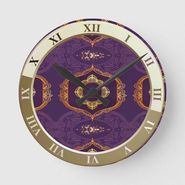 Navy Blue und Violet mit Gold-Mandalasen Runde Wanduhr (Vorderseite)