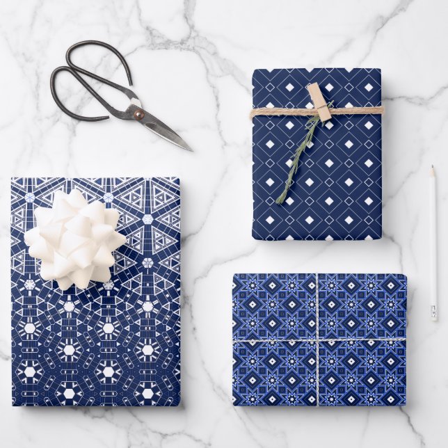 Navy Blue und Weiß Mosaik Geschenkpapier Set (Vorderseite)