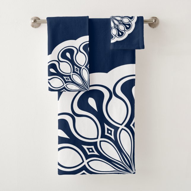 Navy Blue und White Abstrakt Modern Mandala Badhandtuch Set (Insitu)