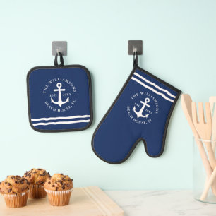 Navy Blue und White Anchor Personalisiert Nautical Ofenhandschuh & Topflappen-Set
