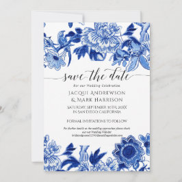 Navy Blue und White Asian Influenza Chinoiserie Save The Date