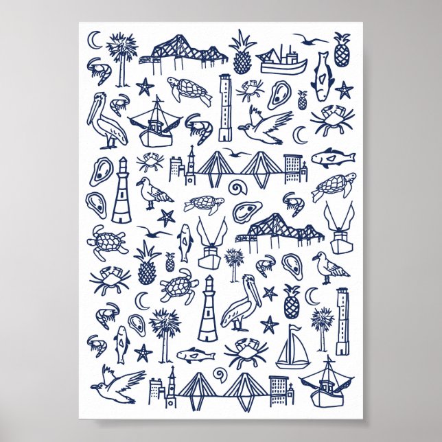 Navy Blue und White Charleston Toile Mini Poster (Vorne)