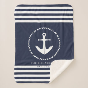Navy Blue und White Coastal Nautical Custom Sherpadecke