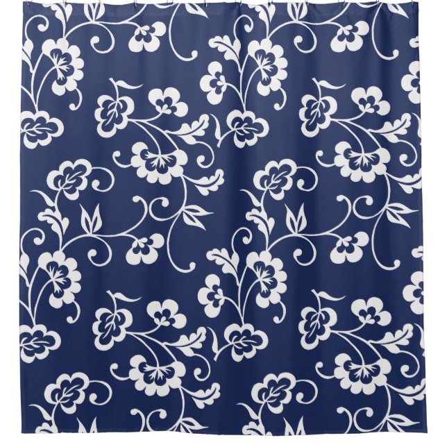 Navy Blue und White Floral Muster Duschvorhang (Vorderseite)
