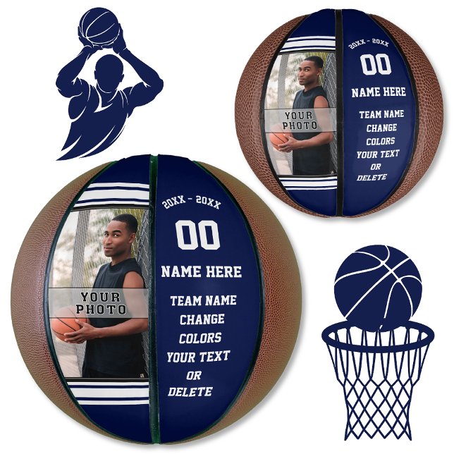 Navy Blue und White FOTO Custom Mini Basketballs (Custom mini basketballs, no minimum.  Mini basketball trophies. Senior night basketball gift ideas.)