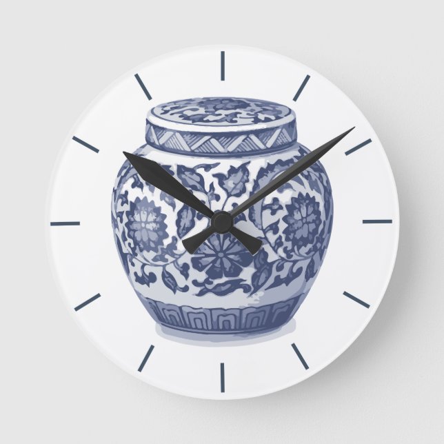Navy Blue und White Ginger Jar Chinoiserie Design Runde Wanduhr (Vorderseite)