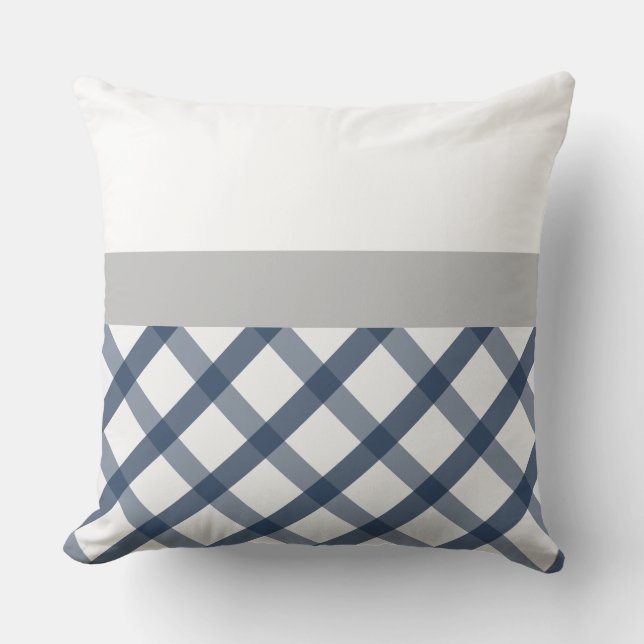 Navy Blue und White Gingham mit hellgrauem Akzent Kissen (Vorderseite)