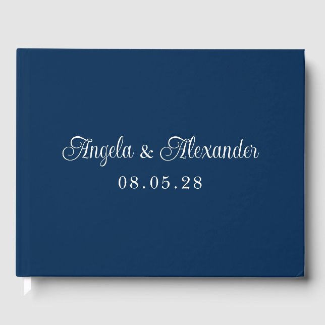 Navy Blue und White Hübsch Curly Script Wedding Gästebuch (Vorderseite)