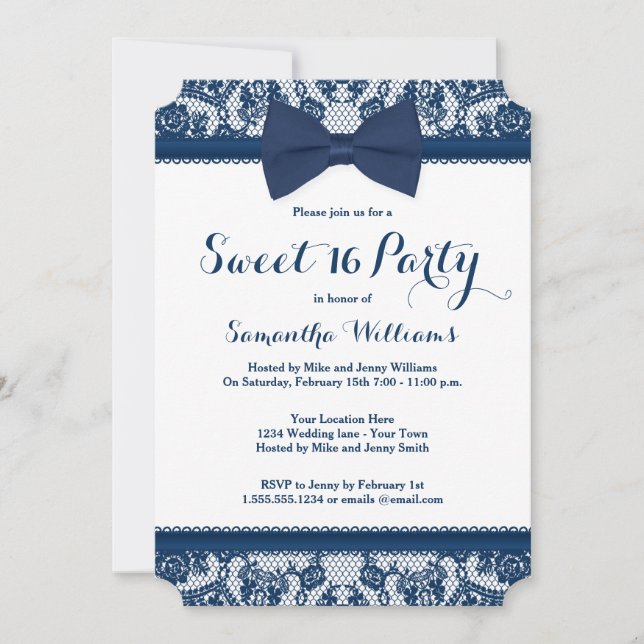 Navy Blue und White Lace Bow Sweet 16 Party Einladung (Vorderseite)