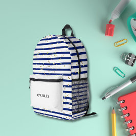 Navy Blue und White Marine Stipes Modernes Monogra Bedruckter Rucksack