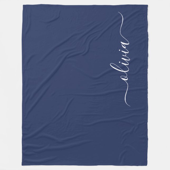 Navy Blue und White Modern Monogram Fleecedecke (Vorderseite)