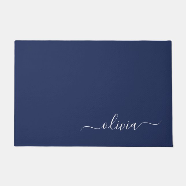 Navy Blue und White Modern Monogram Fußmatte (Vorderseite)