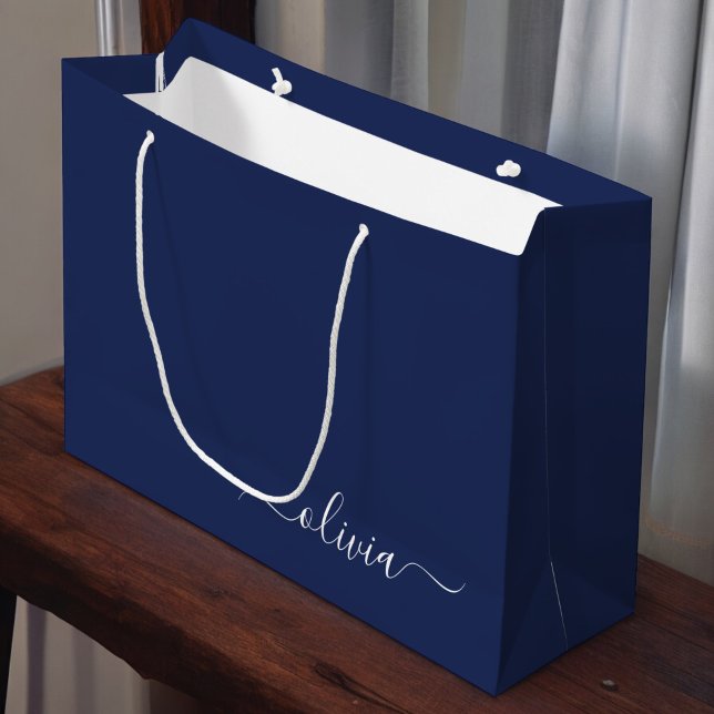 Navy Blue und White Modern Monogram Große Geschenktüte (Von Creator hochgeladen)