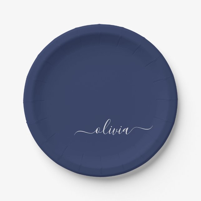 Navy Blue und White Modern Monogram Pappteller (Vorderseite)